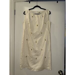 VINTAGE Paul Alexander 100% linen cream knee length dress embroidered beachy MD